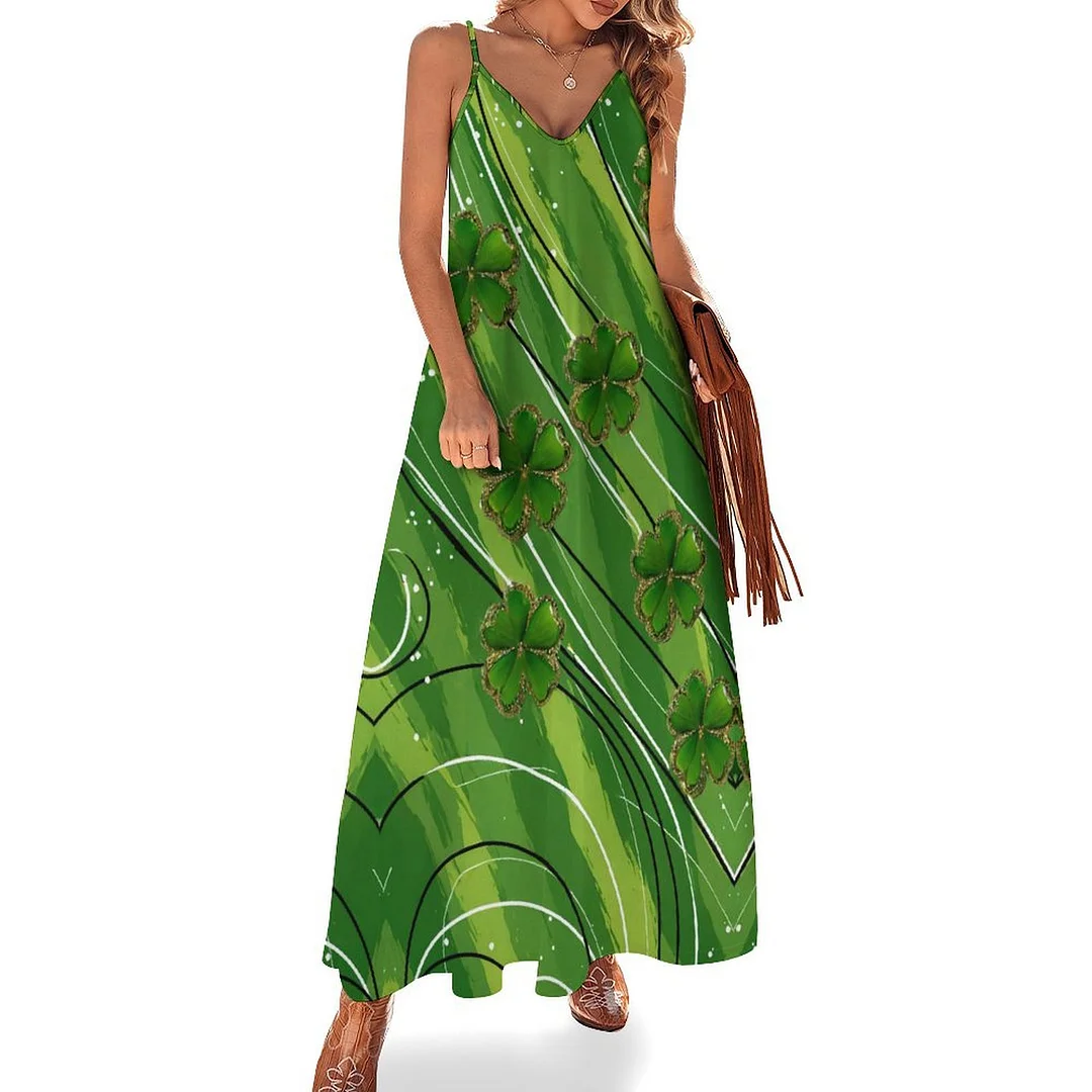 Style & Comfort for Mature Women Plus Size Printed Sling Casual Women Maxi Dress in Pattern Green, Ray, Clover