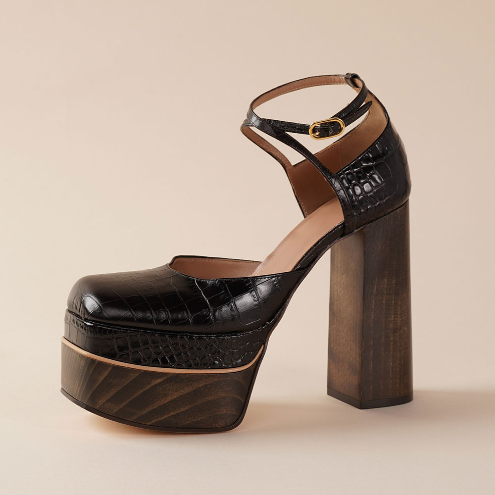 Croco Embossed Square Toe Chunky Heel Black Pumps with Platform Nicepairs