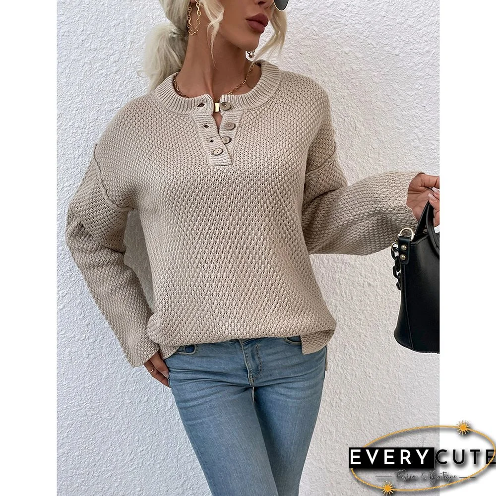 Khaki Button-up Crew Neck Drop Shoulder Knit Sweater