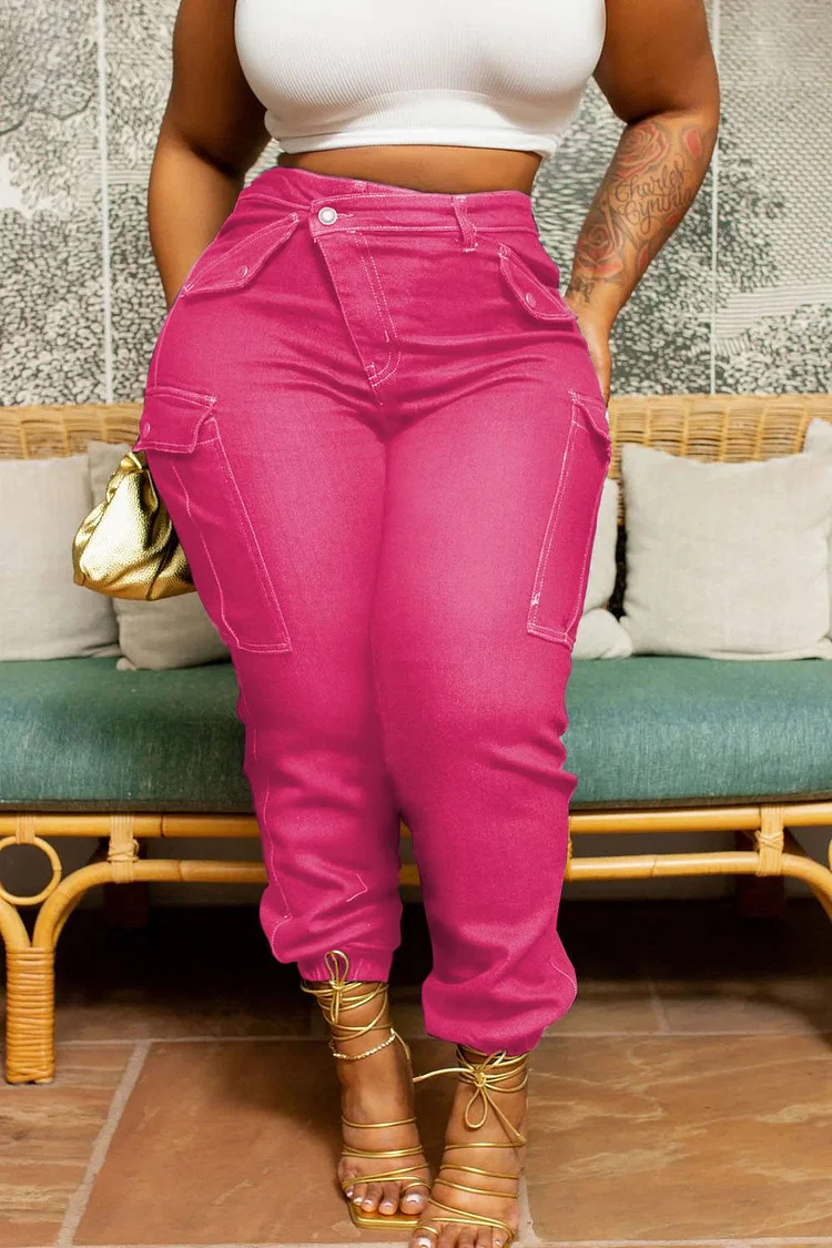 Xpluswear Plus Size Pink Daily Denim Asymmetric Waist With Pocket Cargo Jeans 
