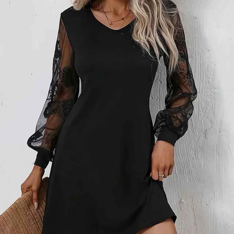 Solid Color Contrast Lace Dress, Elegant Long Sleeve V-neck Dress For Spring & Fall, Women's Clothing