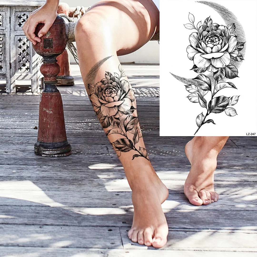 Sdrawing Rose Flower Moon Temporary Tattoos For Women Adult Pendant Peony Lotus Fake Tattoo Calf Thigh Body Art Waterproof Tatoos