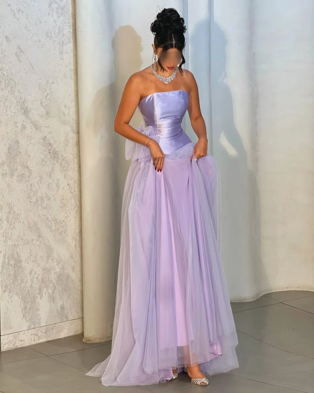 Satin And Tulle Strapless Sleeveless Long A-Line Prom Dress With Pleated And Bow | YK0873 Wellcucu