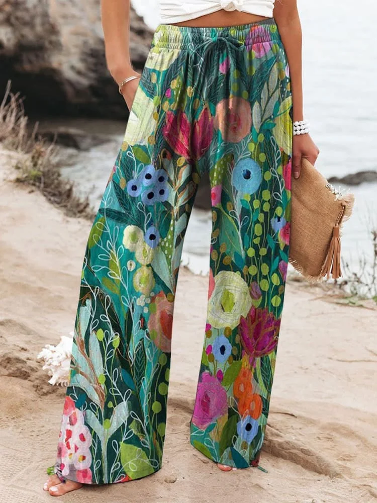 Women's Vintage Floral Print Wide Leg Pants