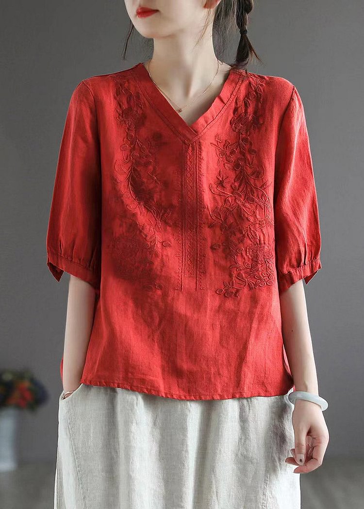 Vintage Red V Neck Embroideried Top Half Sleeve