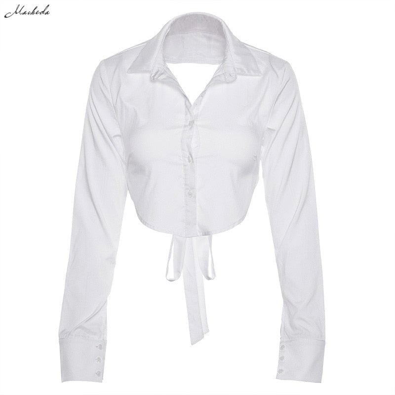 Macheda Spring Sexy Backless Lace Up Blouses Top Women Long Sleeve Autumn White Turn Down Neck Cropped Shirt Button Down Top