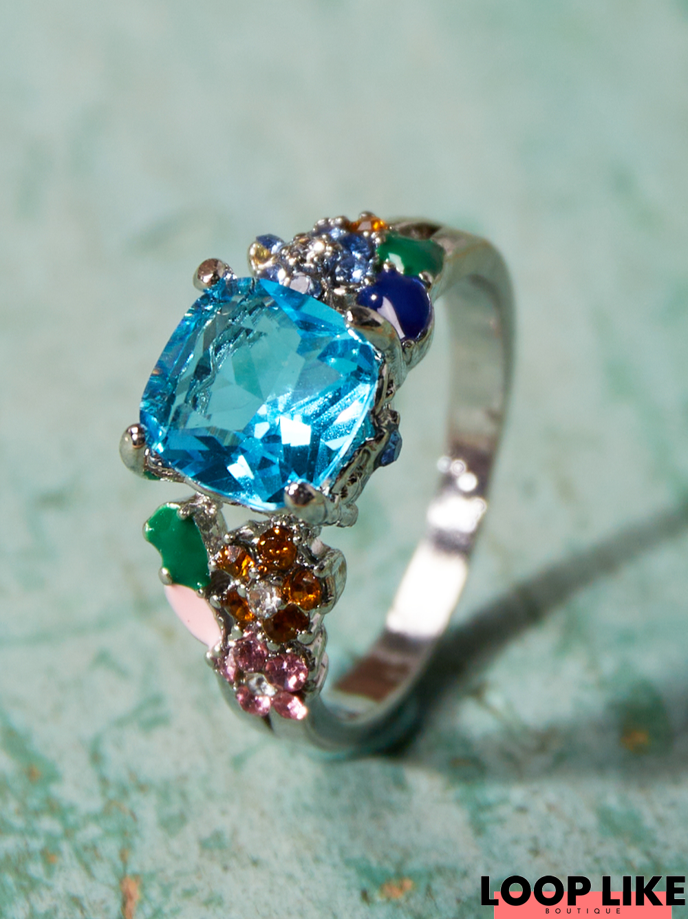 Multicolored Gemstone Square Princess Ring Wedding Rings