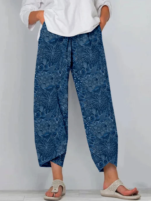 Comstylish Japanese Inspired Pattern Cropped Casual Pants