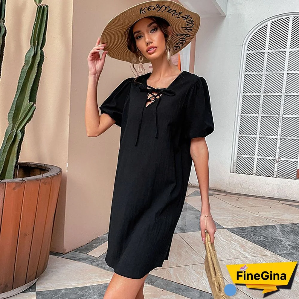 Casual Cotton and Linen Temperament Loose Strap Dress Black Dresses