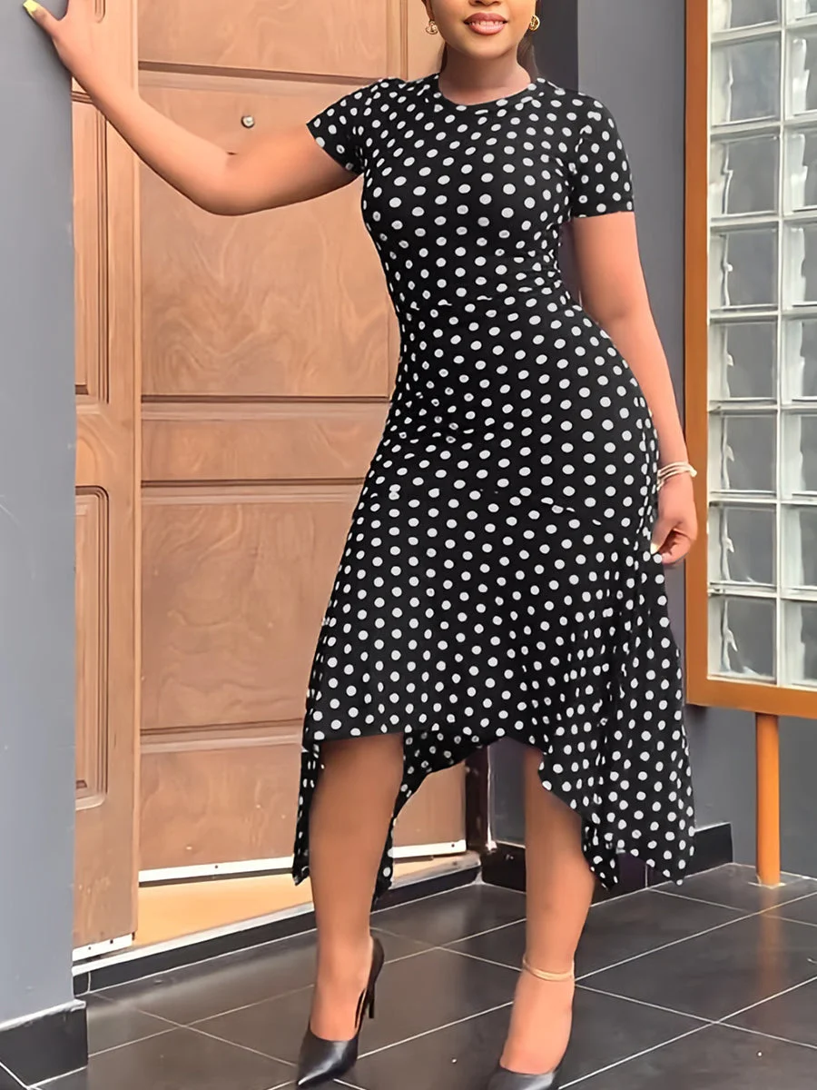 Polka Dot Ice Silk Cool Fishtail Black Summer Dress