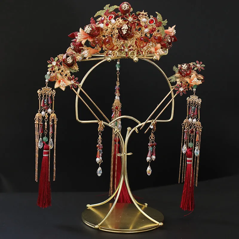 Red Vintage Chinese Phoenix Crown Bridal Pearl Velvet Flower Tassel Cheongsam Headdress Set