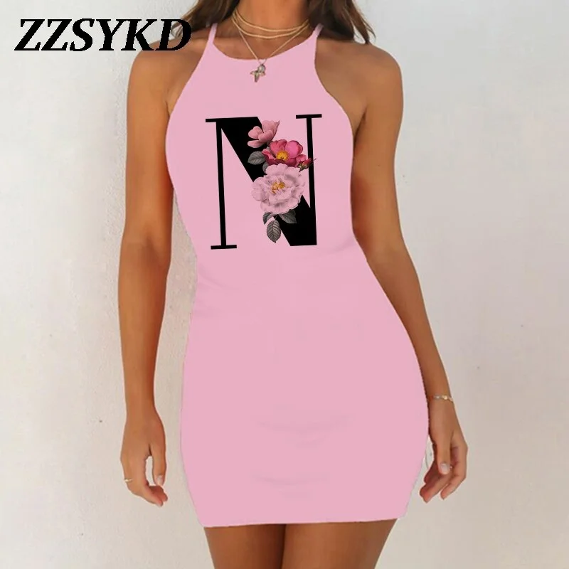 26 English Alphabet Print Summer Sexy Clothes Women Dresses 2020 Plus Size Dress Bodycon Evening Party O-Neck Pink Mini Vestidos