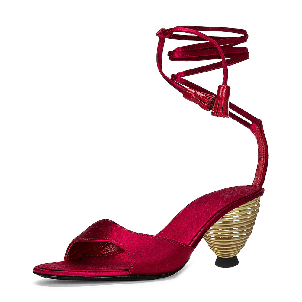 Maroon Satin Open Toe Decorative Heel Lace Up Sandals Nicepairs