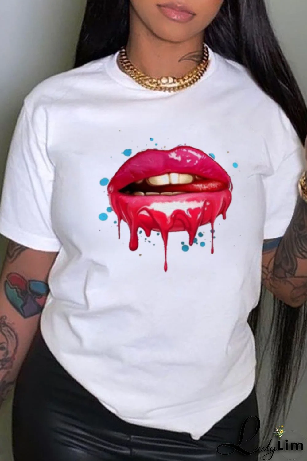 White Fashion Casual Lips Printed Split Joint O Neck T-Shirts