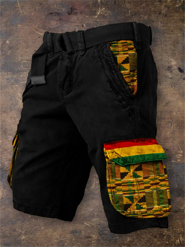 Comstylish Men's Kente Pattern Patchwork Rasta Stripe Cargo Shorts