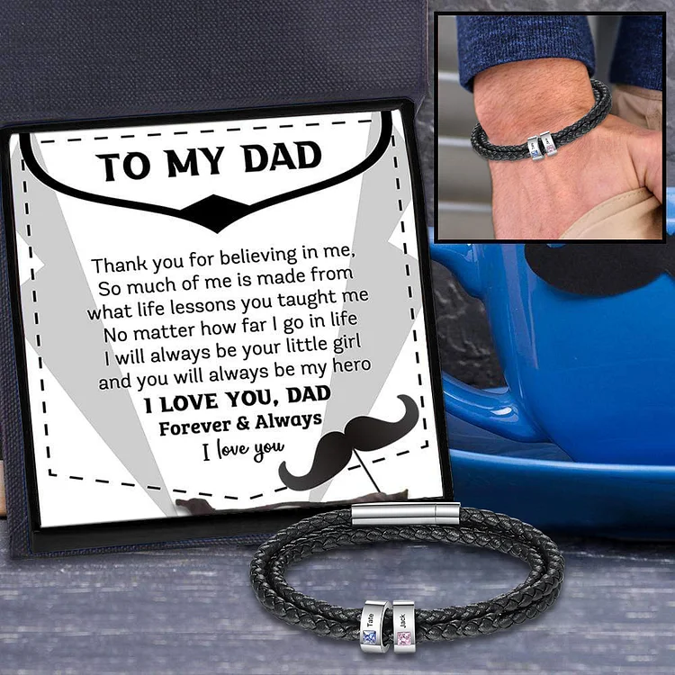 Personalized Men Leather Bracelet, Engraved with 2 Names and 2 Birthstones