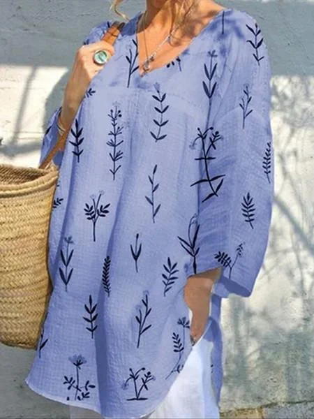 Casual Floral Printed V-neck Tops