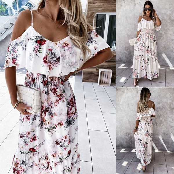 Summer Fashion Ruffle Short Sleeves Off Shoulder Dress Collect Waist Boho Floral Long Dress Plus Size 3xl Dress - Life is Beautiful for You - SheChoic