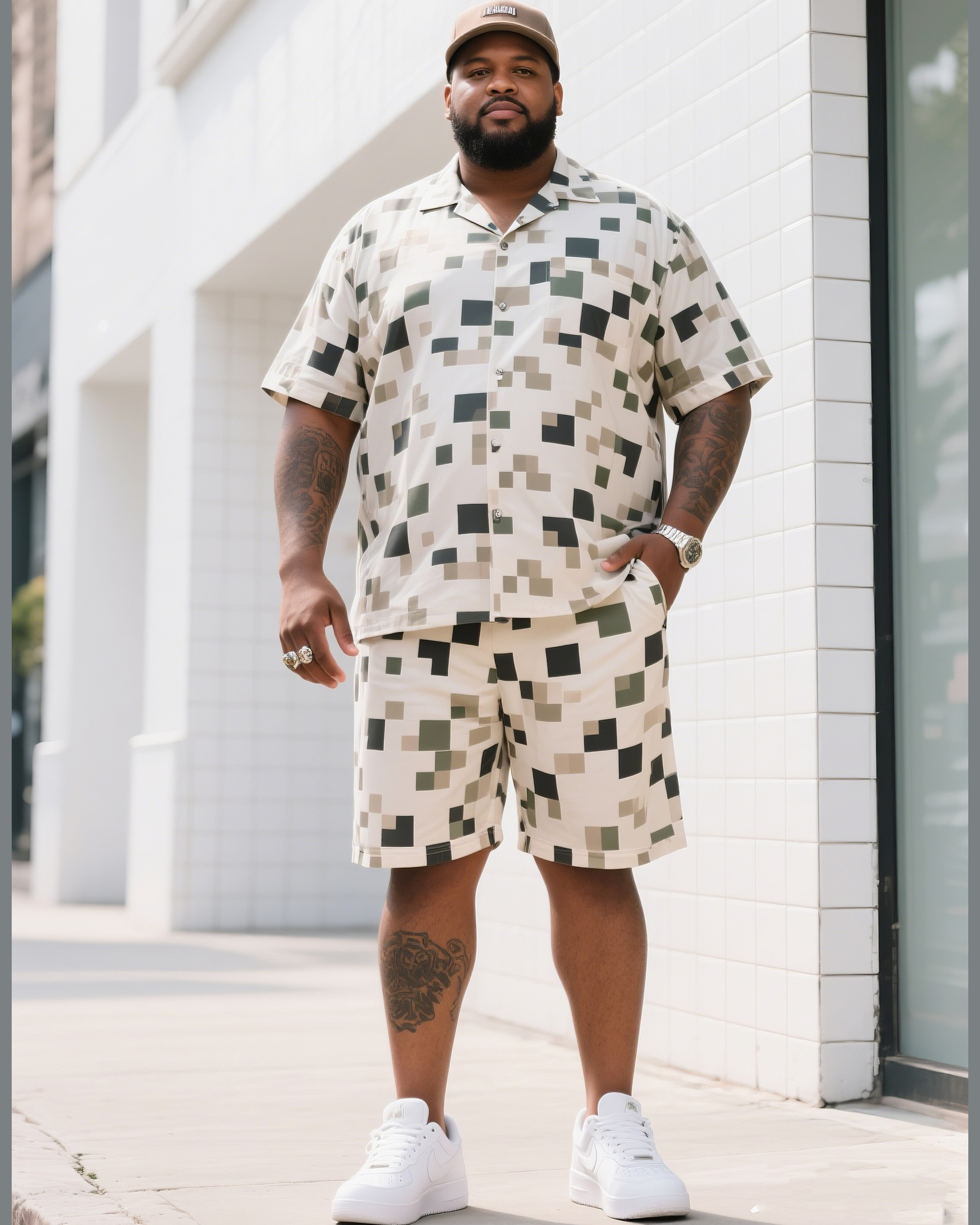 Big Man's Daily Casual Square Creative Camouflage Short Sleeve Shirt Shorts Suit