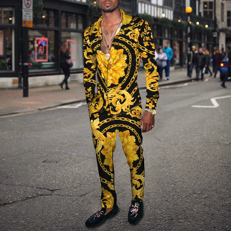Men's casual black and gold printed silk long sleeve two-piece set