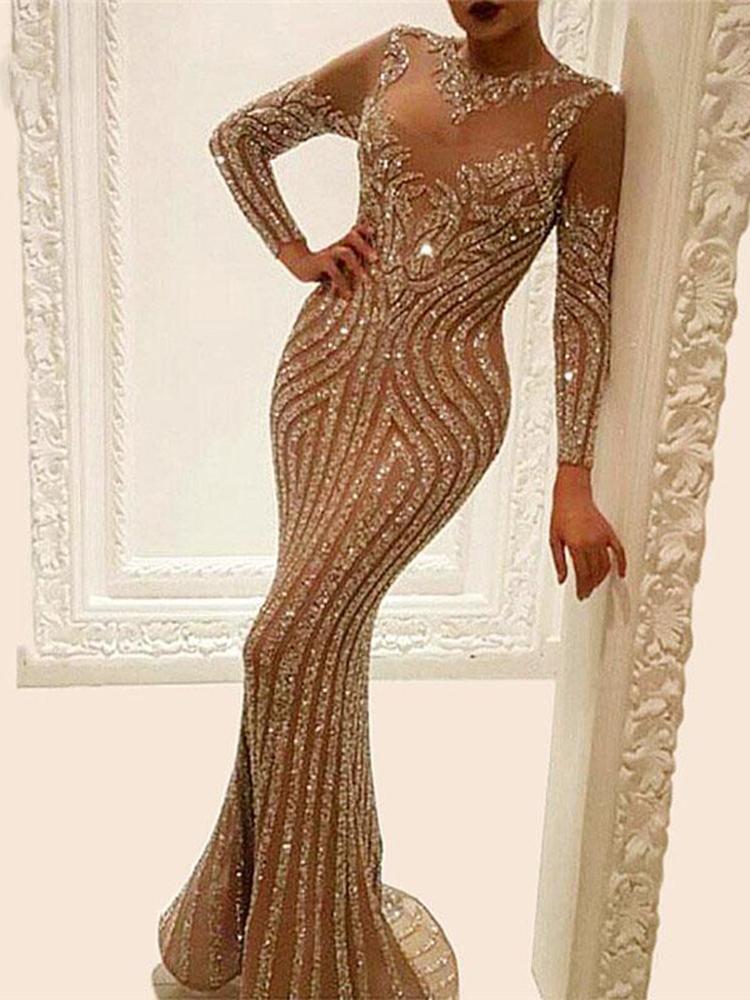 Zachics Elastic mesh gold sequin sparkly mermaid evening dress