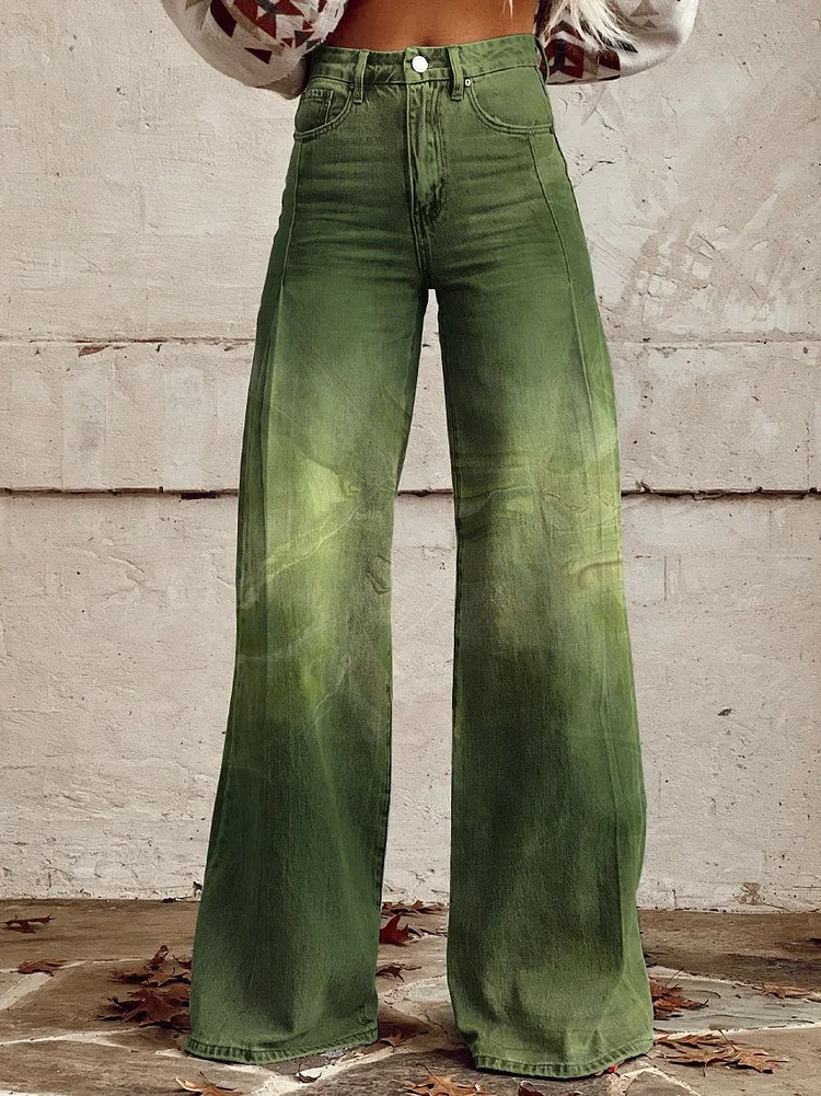 Women's Retro Green Gradient Old Texture Print Casual Wide Leg Pants