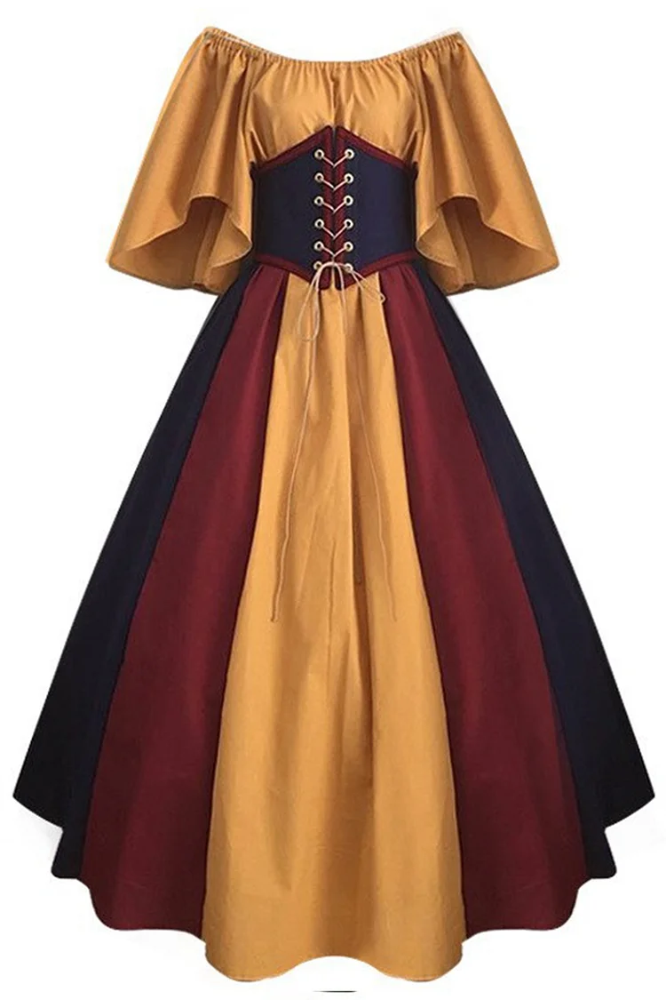 Medieval Retro Yellow Patchwork Butterfly Sleeves Off Shoulder Lace Up Maxi Dress