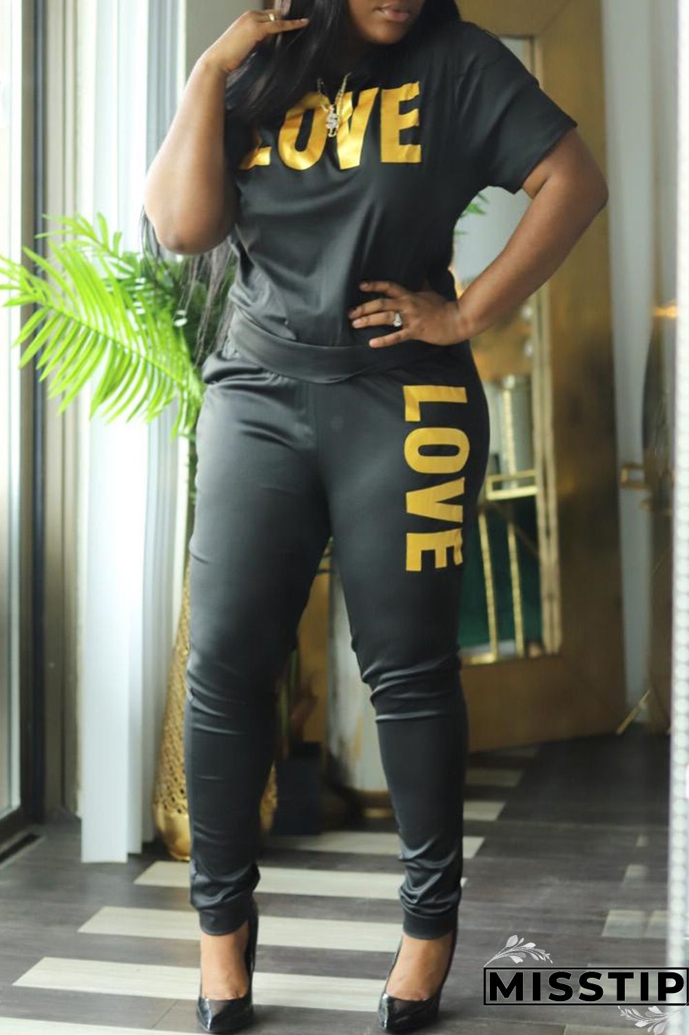 Black Fashion Casual Letter Print Basic O Neck Short Sleeve Two Pieces