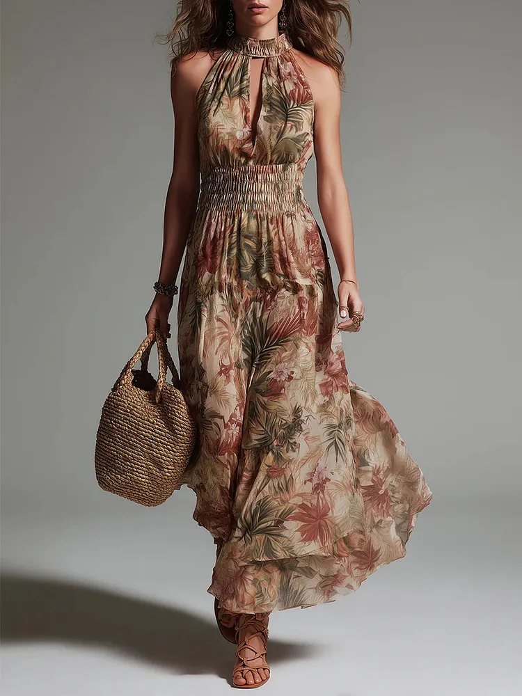 Tropical Rainforest Print Keyhole Waist-cinching Maxi Dress