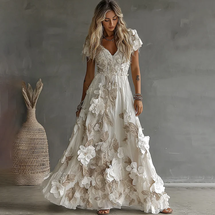 Women's Vintage Boho Floral Art  Short-sleeved Maxi Dress