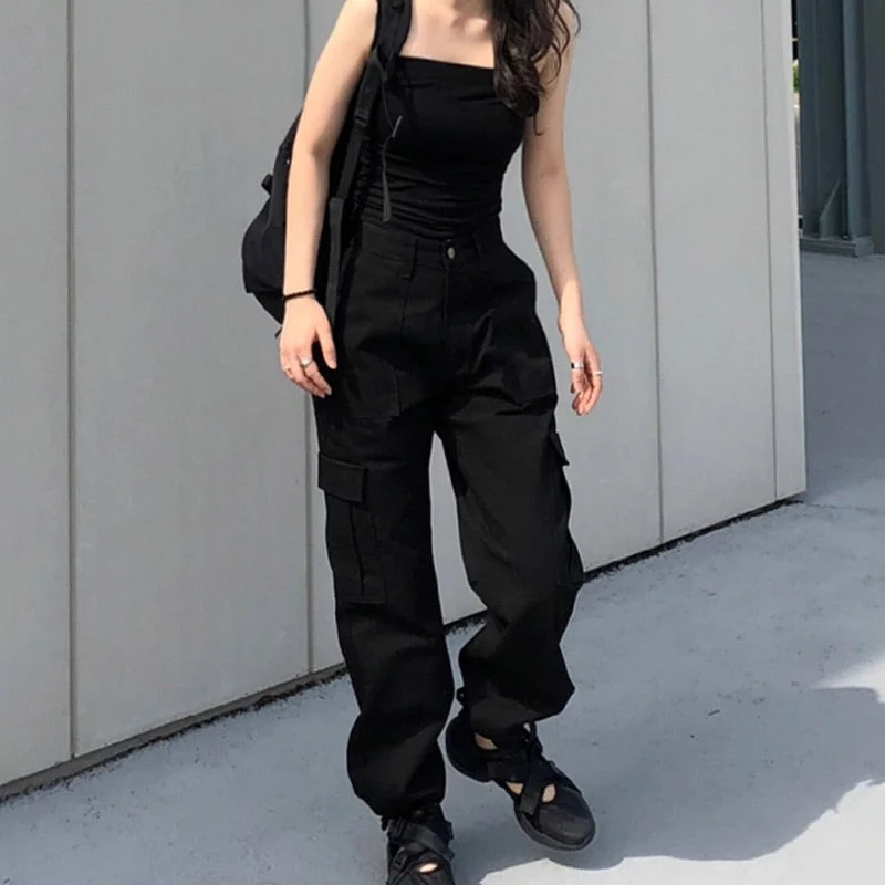 Weekeep Button Pockets Patchwork Cargo Pants Women Streetwear High Waist Trousers Women 2019 Fashion Pencil Pants Joggers Women