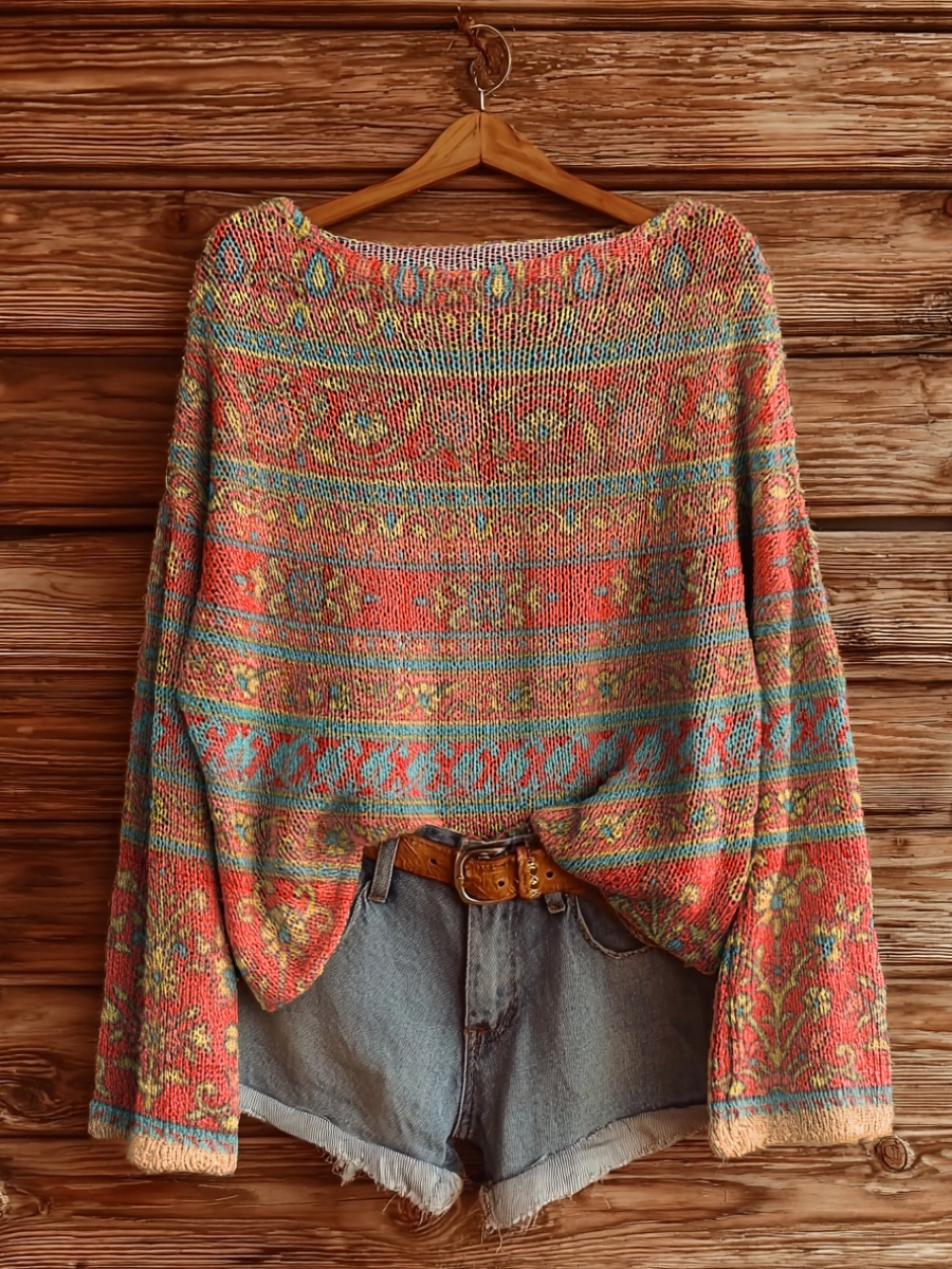 Women's Vintage Ethnic Floral Collage Art Print Casual Pullover Sweater