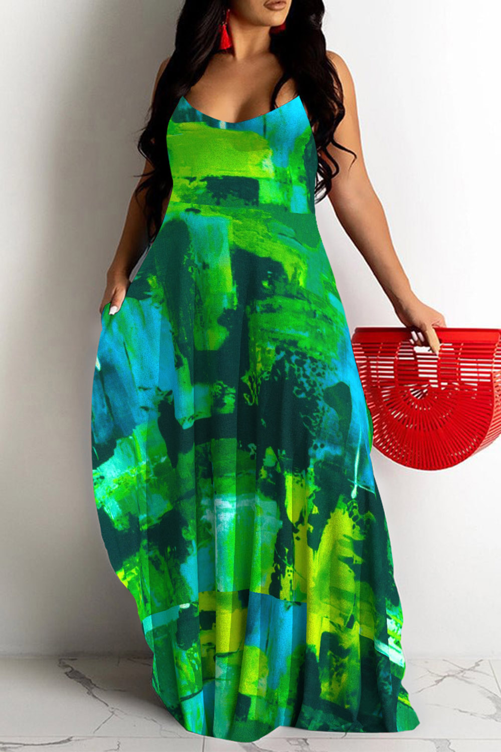 Plus Size Casual Green Tie Dye Print Round Neck Sleeveless Pocket Maxi Dress [Pre-Order]