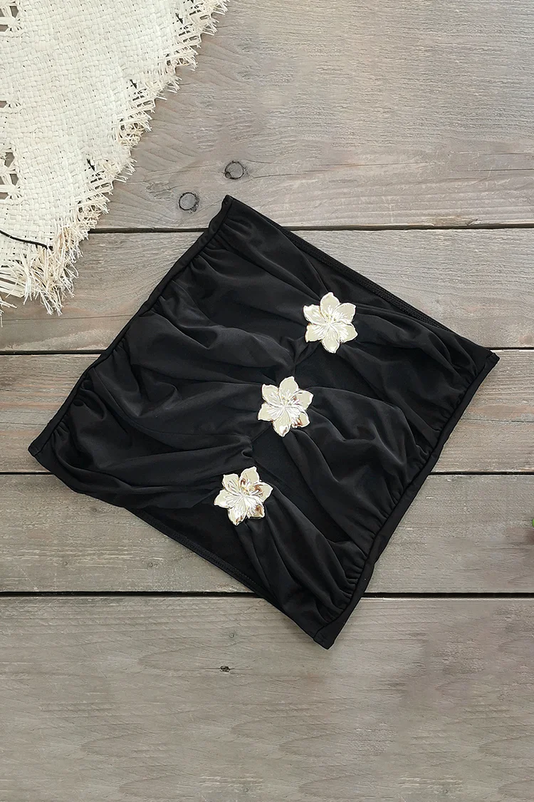 Metal Flower Decor Hollow Out One-Piece Swimsuit Mini Skirt Bikini Set-Black