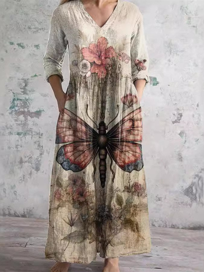 Women's Long Sleeve V-neck Floral Printed Midi Dress