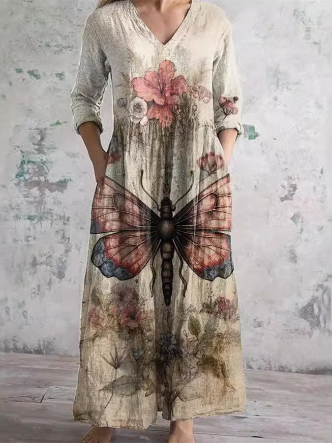 Women's Long Sleeve V-neck Floral Printed Midi Dress