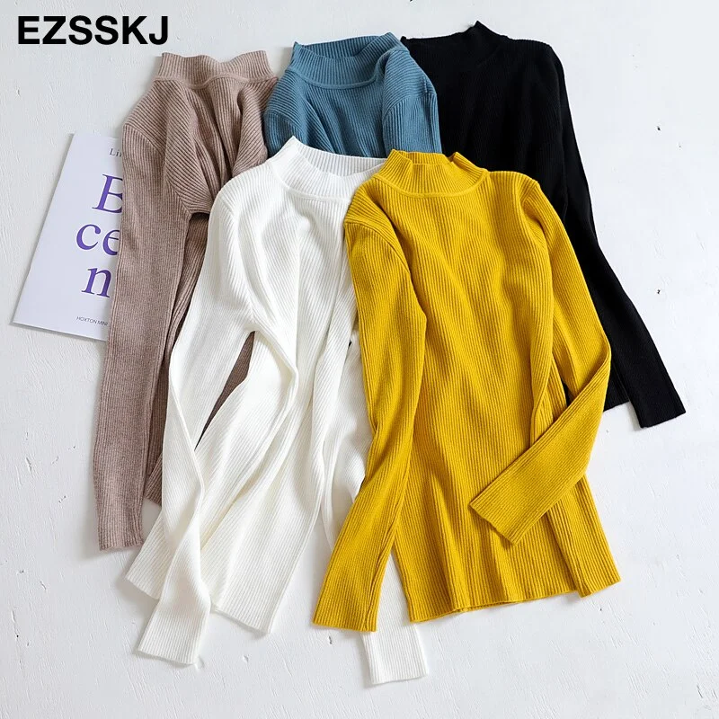 2021 Knitted Women high neck Sweater Pullovers Turtleneck Autumn Winter Basic Women Sweaters Slim Fit Black