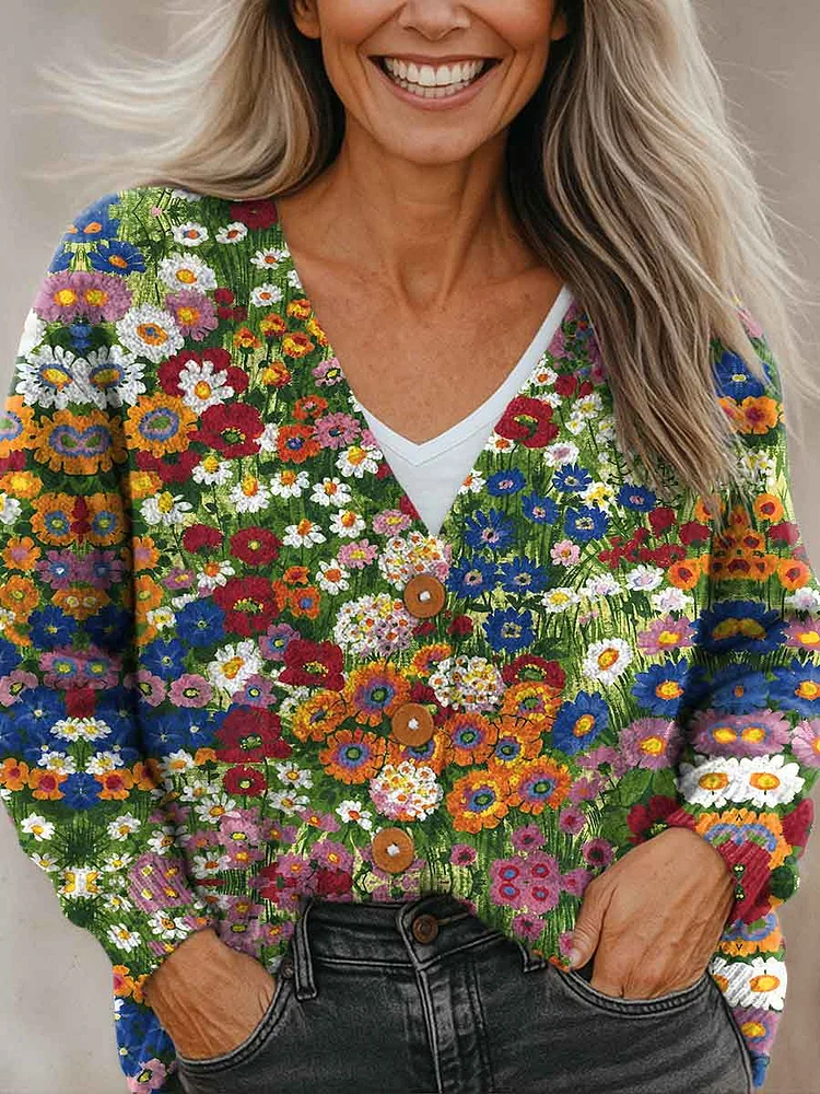 Simple Floral Multicolor Print Buttoned V-neck Cardigan Sweater