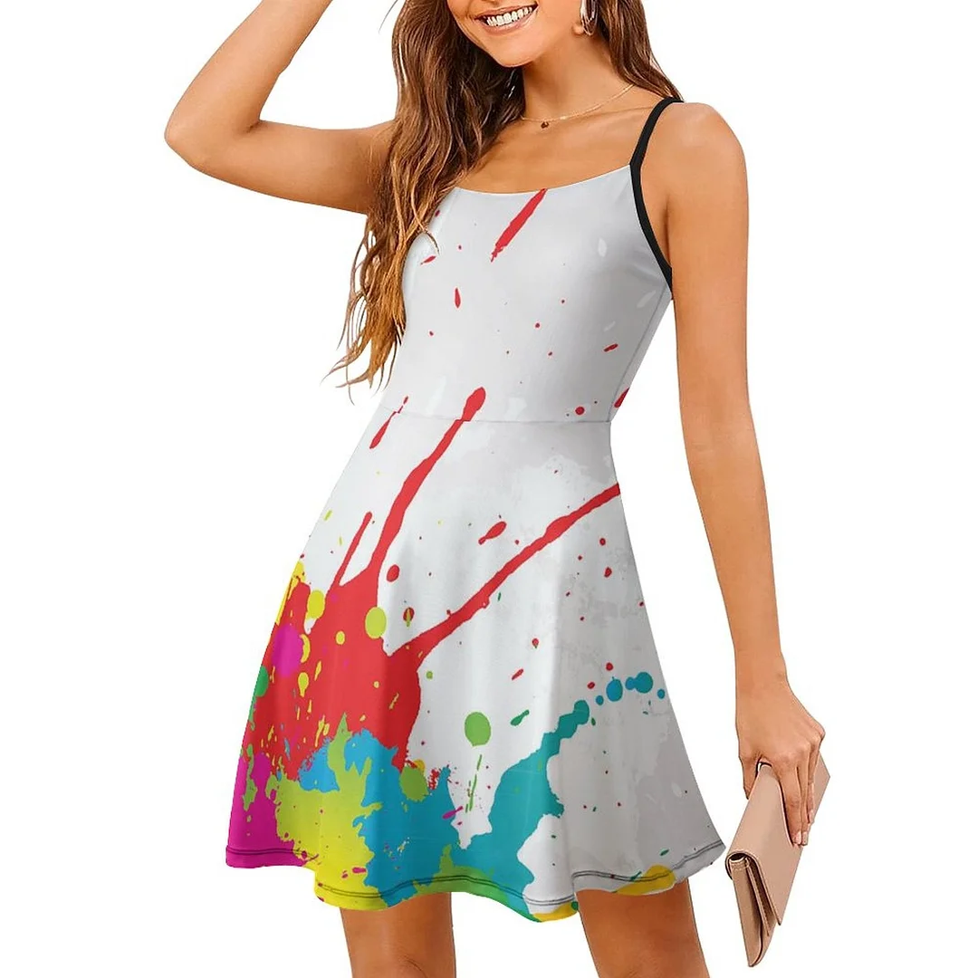 Sleeveless Adjustable Strappy Summer Beach Swing Dress Printed for Women