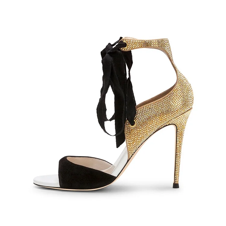 Black Vegan Suede and Gold Rhinestone Evening Shoes Stiletto Heel Sandals |FSJ Shoes