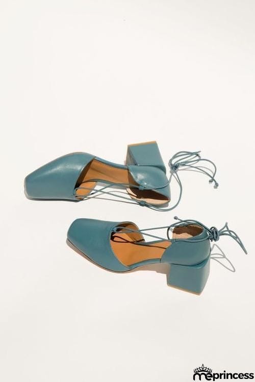 Square Toe Lace Up Thick Heel Pumps