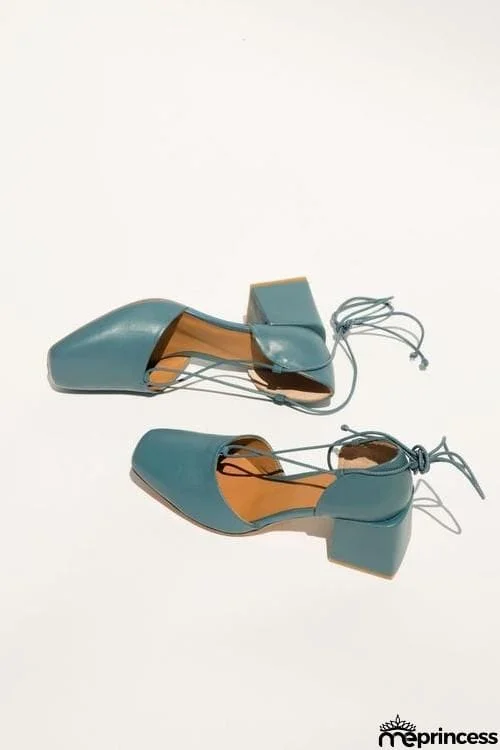 Square Toe Lace Up Thick Heel Pumps