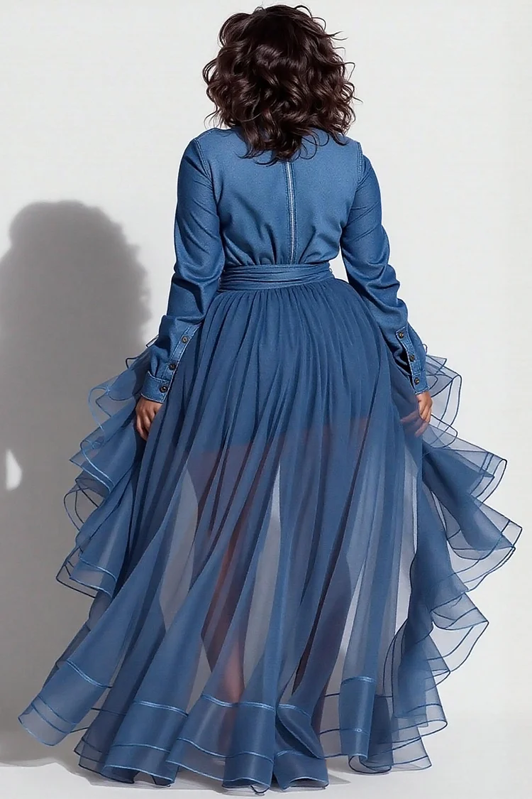 Xpluswear Design Plus Size Party Tulle Blue Shirt Collar Long Sleeve Ruffle Elegant Tiered Denim Mini Dresses [Pre-Order]