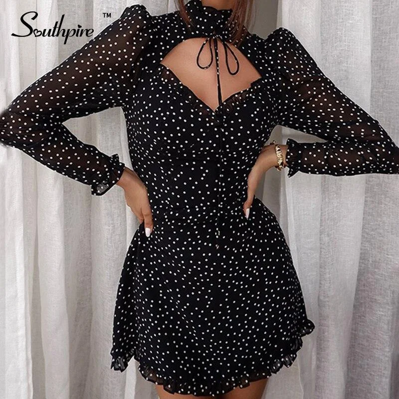Back To College Southpire Women Black Polka Dot  Mini Dress A-line High Neck Lace Up Party Dresses Chiffon Spring Summer Day Ladies Clothes