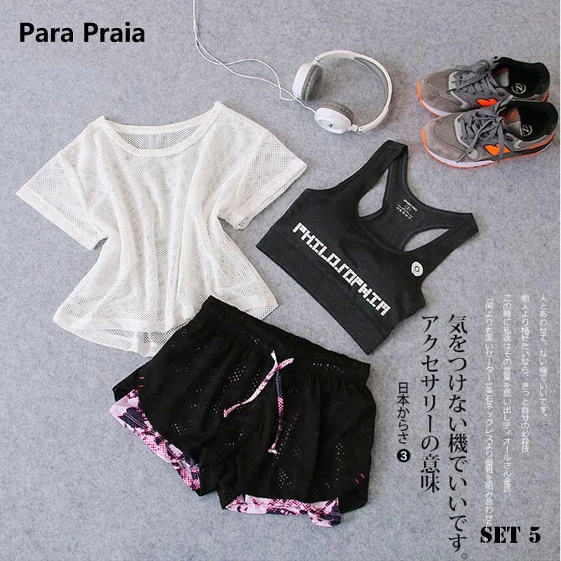 Para Praia Sportswear Three Piece Yoga Set Sport Shirt Women Sport bra Fitness Pants Leggings Tracksuit Gym Leggings 23 Colours