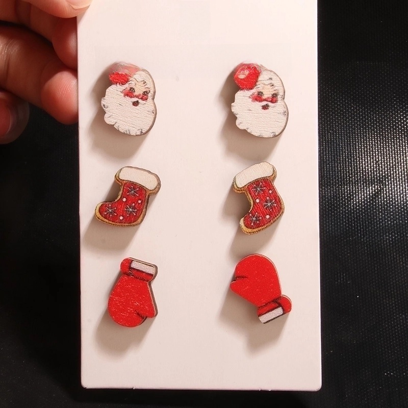 1 Set Cute Minimalist Christmas Tree Santa Claus Sock Printing Wood Ear Studs