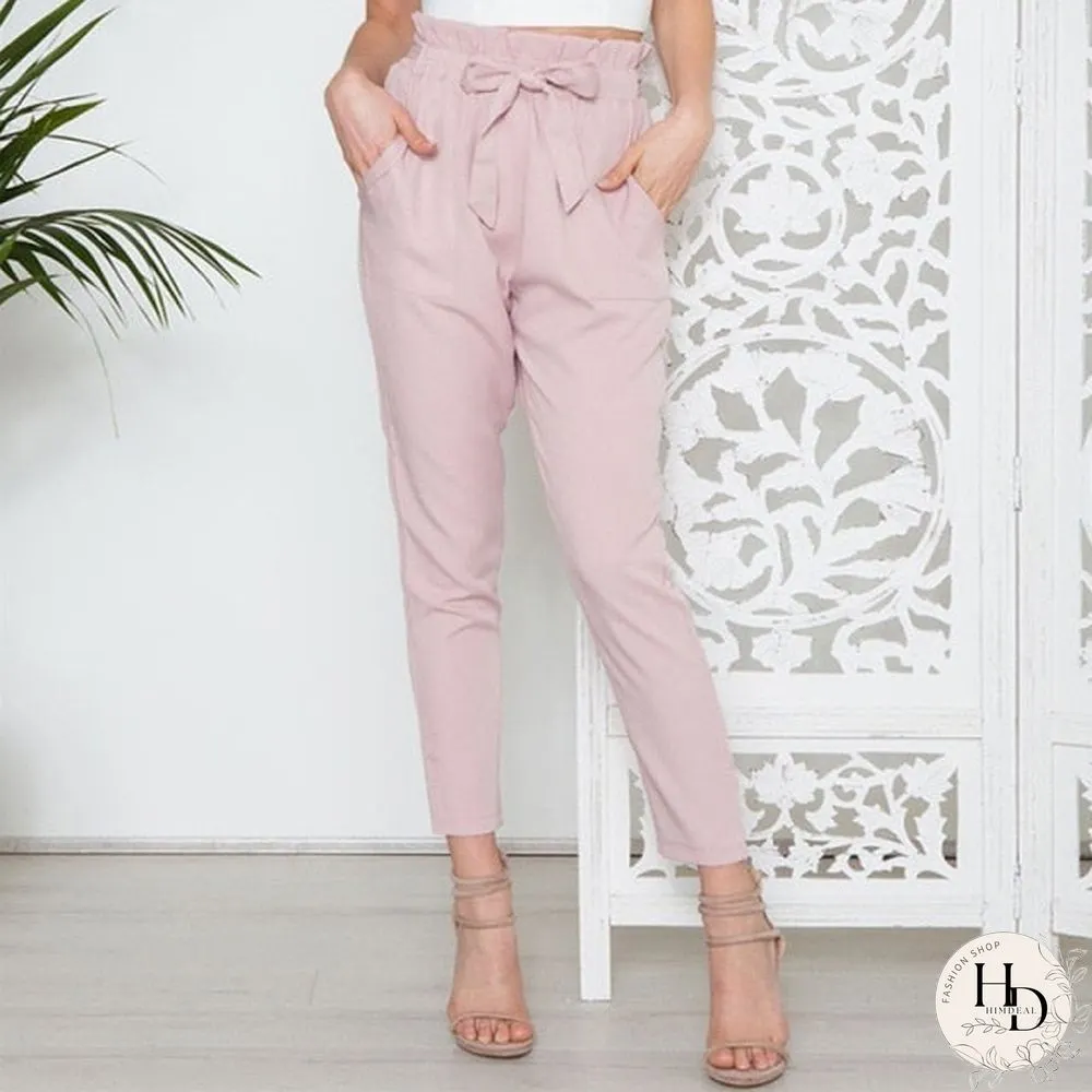 Loose Bow Tie Ruffles Women Pants Casual Solid High Waisted Belt Pocket Spring Women