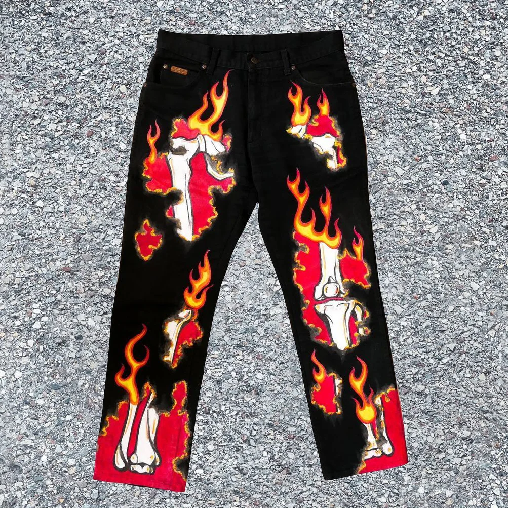 Casual flame hole print straight-leg jeans