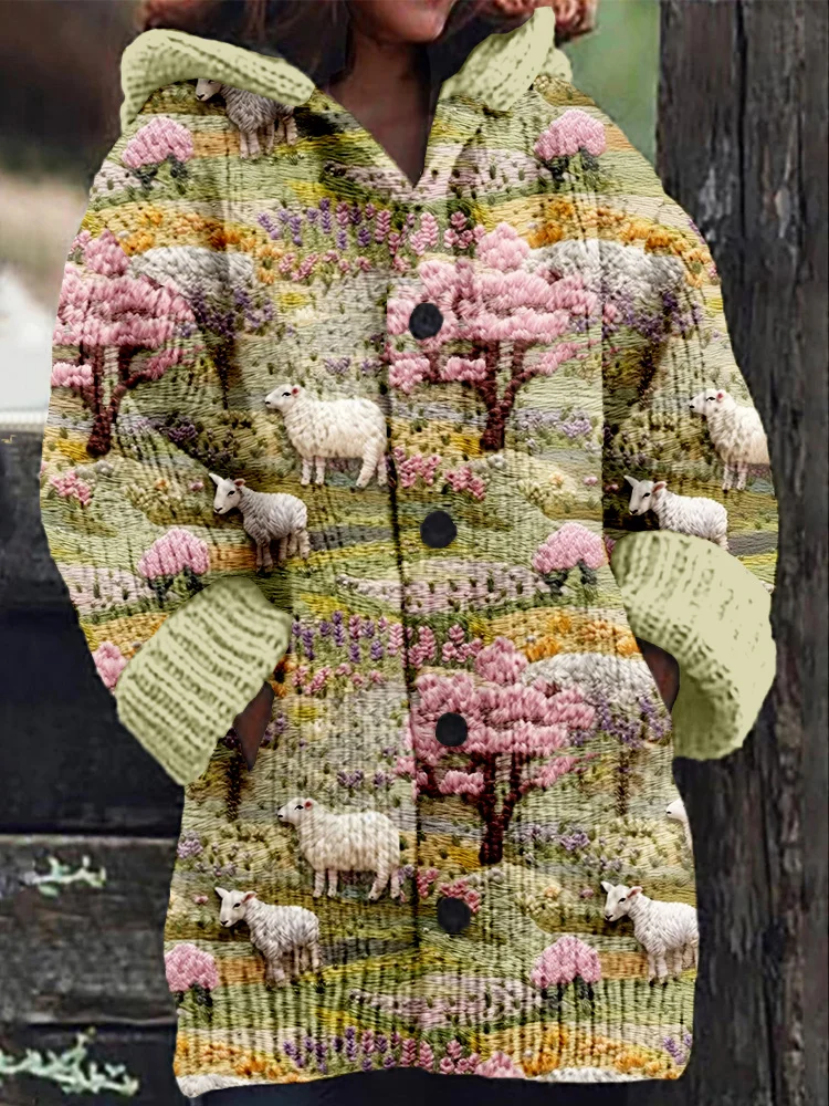 VChics Farm Sheep Landscape Embroidery Art Cozy Hooded Cardigan