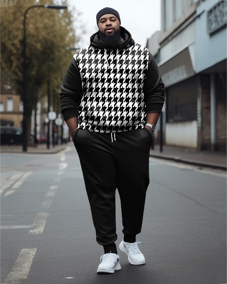 Men's Plus Size Houndstooth Color Block Casual Hoodie and Sweatpants Two Piece Set